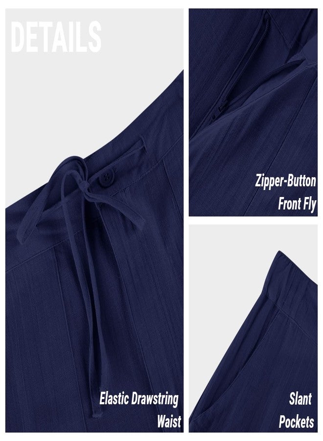 PASLTER Mens Casual Linen Pants Loose Fit Straight-Legs Elastic Drawstring Waist Summer Beach Yoga Long Pants A-Navy Blue - Image 4